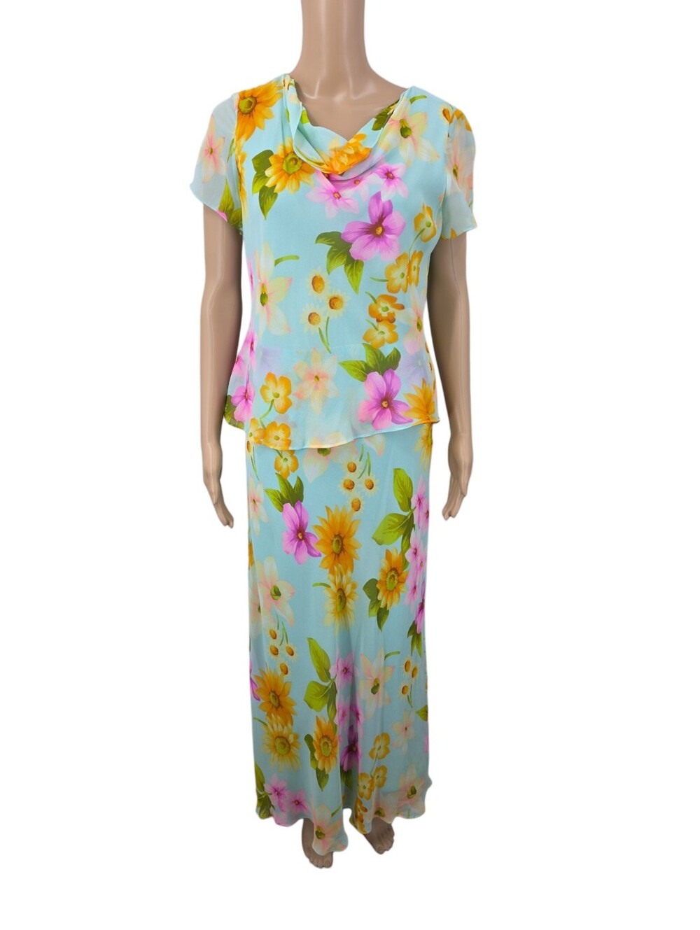 Silk Floral Cowl Neck Short Sleeve Maxi Dress By Spencer Jeremy Y2K